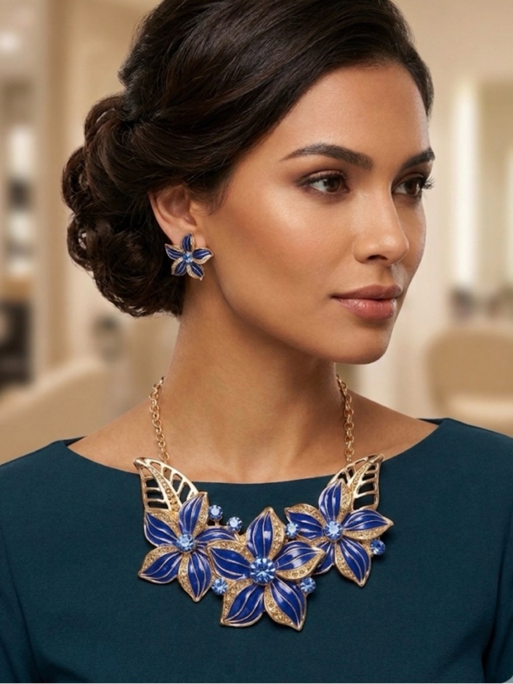 Statement Necklace and Matching Earrings of Blue and Gold Enameled Flowers